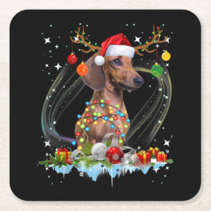 Posavasos Cuadrado De Papel Funny Santa Dachshund Reindeer Light Navidades