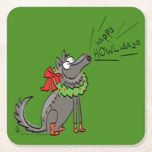 Posavasos Cuadrado De Papel Funny Wolf Navidades Felices vacaciones de Howlida