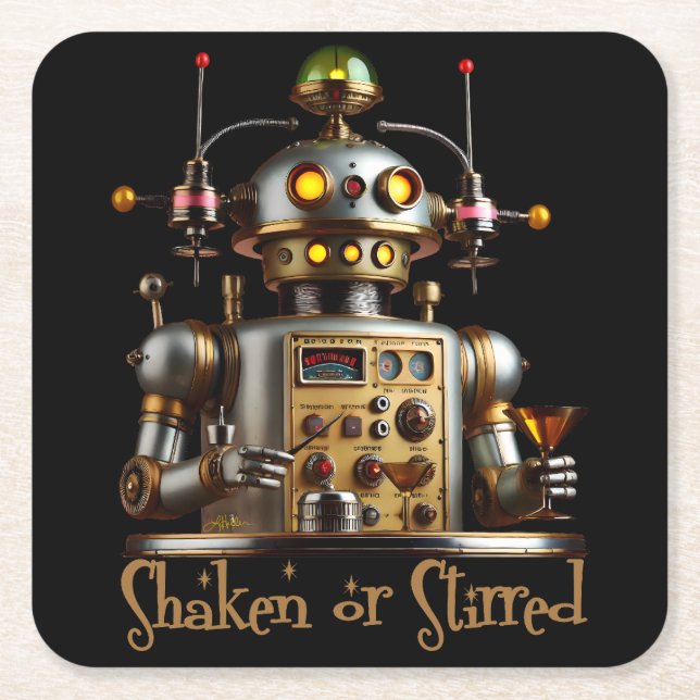 Posavasos Cuadrado De Papel Futuristic Robot Bartender "Shaken or Stirred" (Anverso)