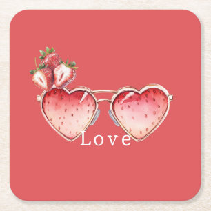 Posavasos Cuadrado De Papel Gafas de colores Corazón de Fresa Roja Chic