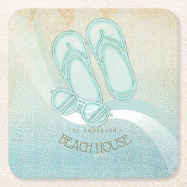 Posavasos Cuadrado De Papel Gafas de sol de Beach House y Flip Flops Aqua ID62