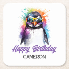 Posavasos Cuadrado De Papel gafas de sol de fiesta Pingüino, cumpleaños de niñ