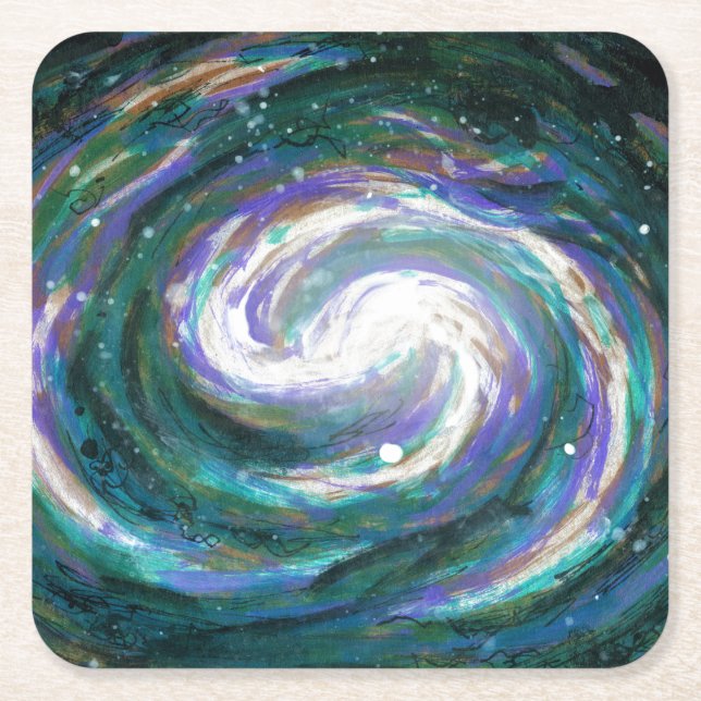Posavasos Cuadrado De Papel Galaxia esmeralda y púrpura (Anverso)