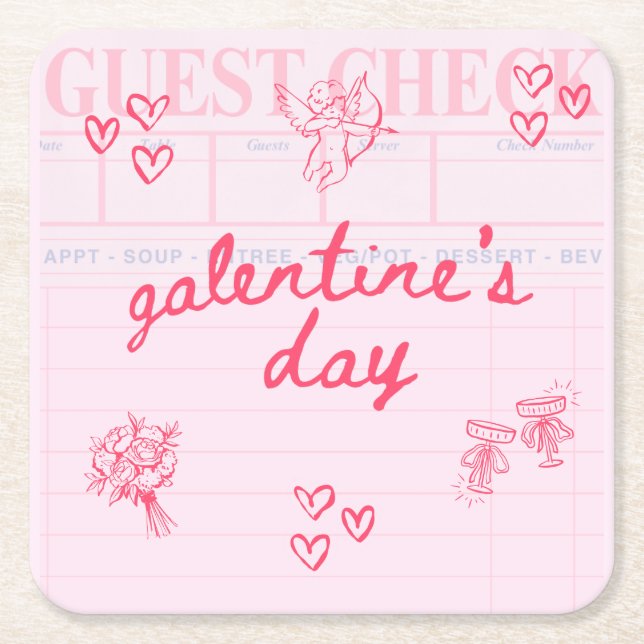 Posavasos Cuadrado De Papel Galentine’s Day Valentine Girly Invitation (Anverso)