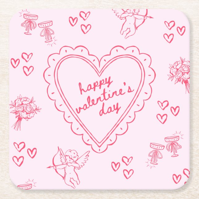 Posavasos Cuadrado De Papel Galentine’s Day Valentine Girly Invitation (Anverso)