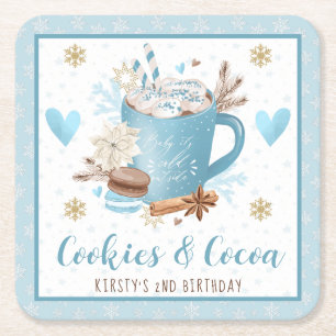 Posavasos Cuadrado De Papel Galletas Azules y Cacao Cumpleaños número 2