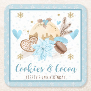 Posavasos Cuadrado De Papel Galletas Azules y Cacao Fiesta de Cumpleaños númer