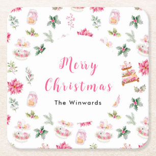 Posavasos Cuadrado De Papel Galletas de Navidad y Follaje Rosa