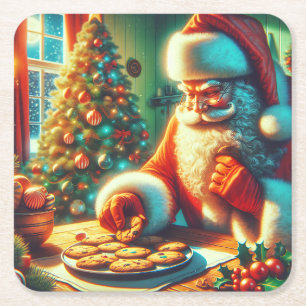 Posavasos Cuadrado De Papel Galletas de Santa Eating de Navidad