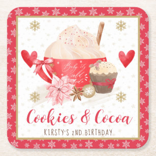 Posavasos Cuadrado De Papel Galletas Rojas y Cocoa 2do Cumpleaños