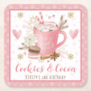 Posavasos Cuadrado De Papel Galletas rosadas y cacao Cumpleaños número 2