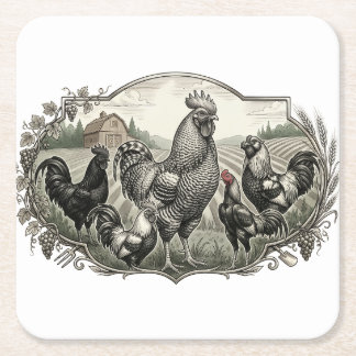Posavasos Cuadrado De Papel Gallinas en la granja