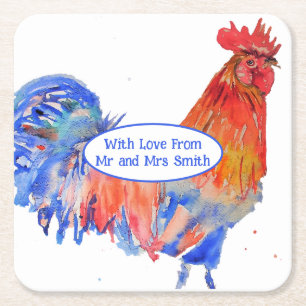Posavasos Cuadrado De Papel Gallo Rojo Pollo Bodas Acuarela Azul