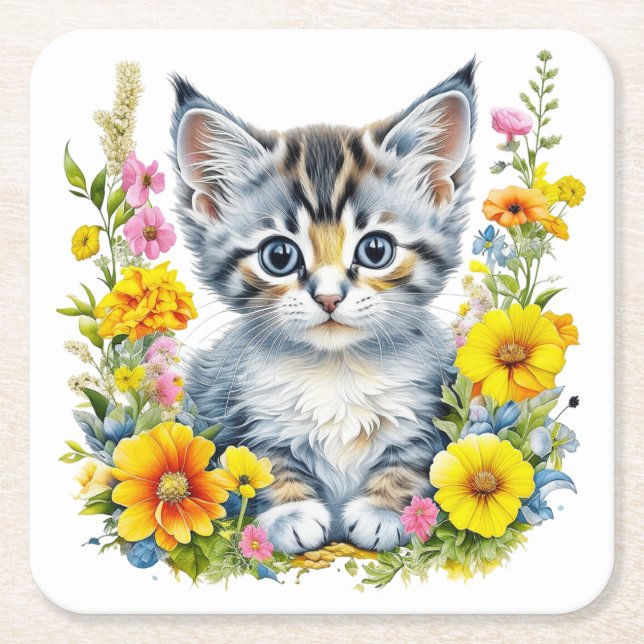 Posavasos Cuadrado De Papel Gatito acuarela en flores amarillas y rosas (Anverso)
