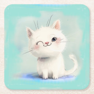 Posavasos Cuadrado De Papel Gatito blanco lindo
