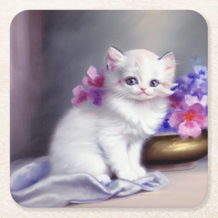 Posavasos Cuadrado De Papel Gatito blanco vintage con flores rosadas y moradas
