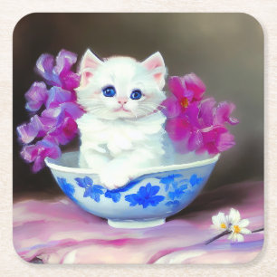 Posavasos Cuadrado De Papel Gatito blanco vintage con flores rosas