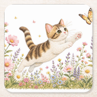 Posavasos Cuadrado De Papel Gatito Bordado Persiguiendo Mariposa en Flor Silve