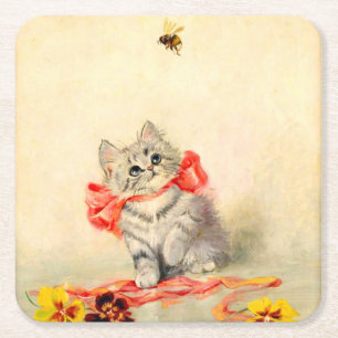Posavasos Cuadrado De Papel Gatito con cinta roja