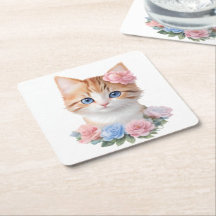 Posavasos Cuadrado De Papel Gatito con flores Escala caprichosa