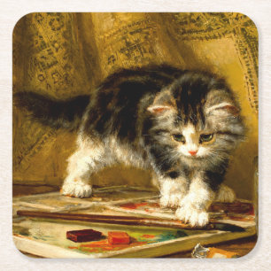 Posavasos Cuadrado De Papel Gatito con pintura y brochas