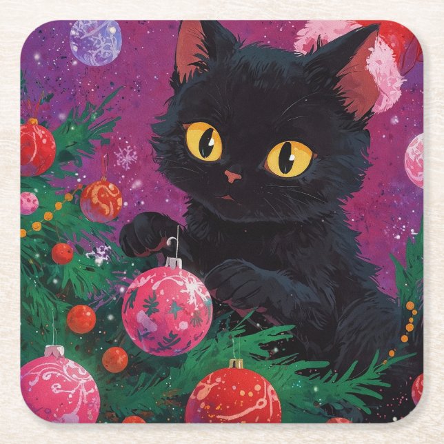 Posavasos Cuadrado De Papel Gatito negro y árbol de Navidad (Anverso)