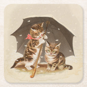 Posavasos Cuadrado De Papel Gatitos antiguos bajo paraguas arte de gato antigu