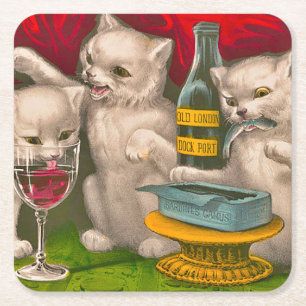 Posavasos Cuadrado De Papel Gatitos bebiendo y comiendo pescado de sardina