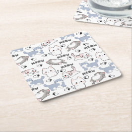 Posavasos Cuadrado De Papel Gatitos Gorditos Adorables y Corazones Meow