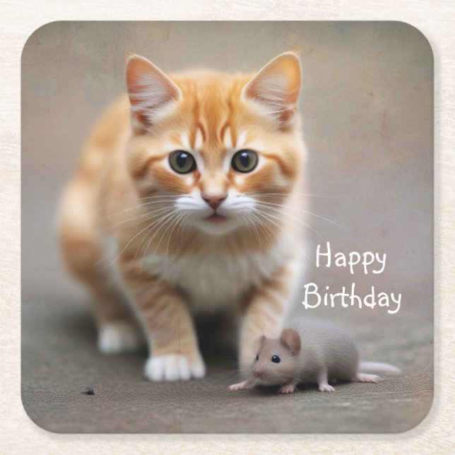 Posavasos Cuadrado De Papel Gatitos y ratón (Anverso)