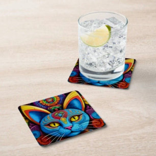 Posavasos Cuadrado De Papel Gato abstracto con ojos amarillos