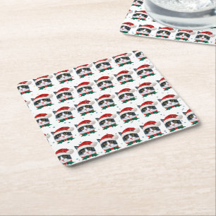 Posavasos Cuadrado De Papel Gato blanco y negro lindo con sombrero de Santa Na