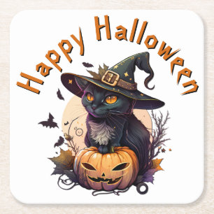 Posavasos Cuadrado De Papel Gato Bruja para Feliz Halloween 