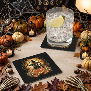 Posavasos Cuadrado De Papel Gato brujo calabaza gato negro Halloween espeluzna