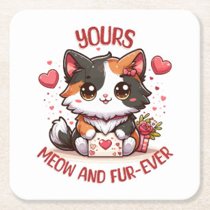 Posavasos Cuadrado De Papel Gato Calico Adorable Día de San Valentín