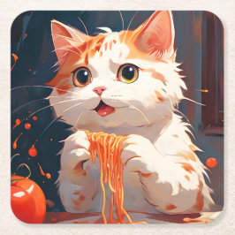 Posavasos Cuadrado De Papel Gato comiendo espagueti