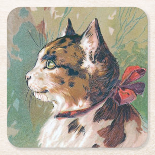 Posavasos Cuadrado De Papel Gato con el ilustracion rojo del vintage de la