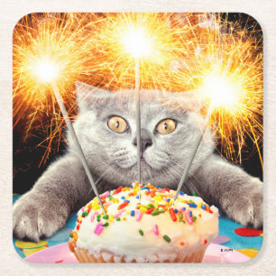 Posavasos Cuadrado De Papel Gato Con Pastel De Esparkler