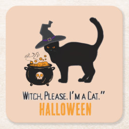 Posavasos Cuadrado De Papel gato conectado con sombrero de bruja en Halloween
