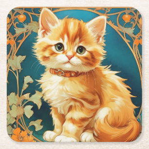 Posavasos Cuadrado De Papel Gato de Alphonse Mucha Art Nouveau