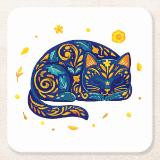 Posavasos Cuadrado De Papel Gato de Arte Popular en Azul
