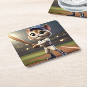 Posavasos Cuadrado De Papel Gato de béisbol gracioso,