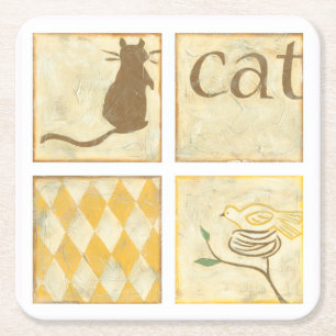 Posavasos Cuadrado De Papel Gato de Brown y pájaro amarillo de Chariklia