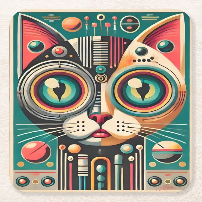 Posavasos Cuadrado De Papel Gato de circuito retro futurista de mediados de si (Anverso)