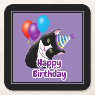 Posavasos Cuadrado De Papel Gato de cumpleaños feliz