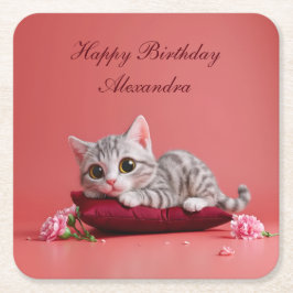 Posavasos Cuadrado De Papel Gato de enero lindo con claveles