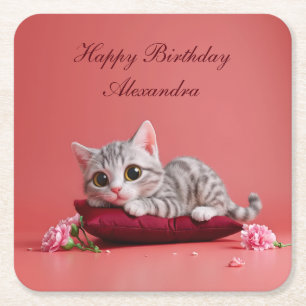 Posavasos Cuadrado De Papel Gato de enero lindo con claveles