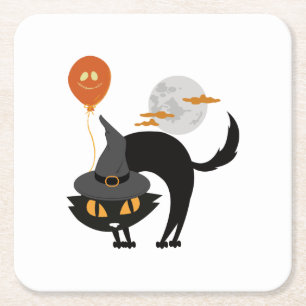 Posavasos Cuadrado De Papel Gato de Halloween espumoso