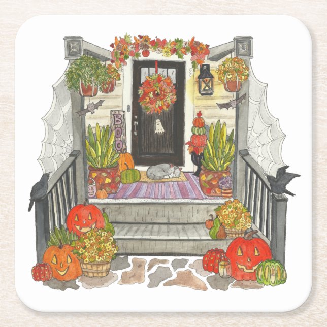 Posavasos Cuadrado De Papel Gato de Halloween House (Anverso)