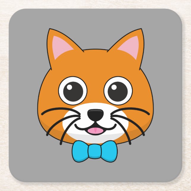 Posavasos Cuadrado De Papel Gato de jengibre feliz lindo con papillón (Anverso)